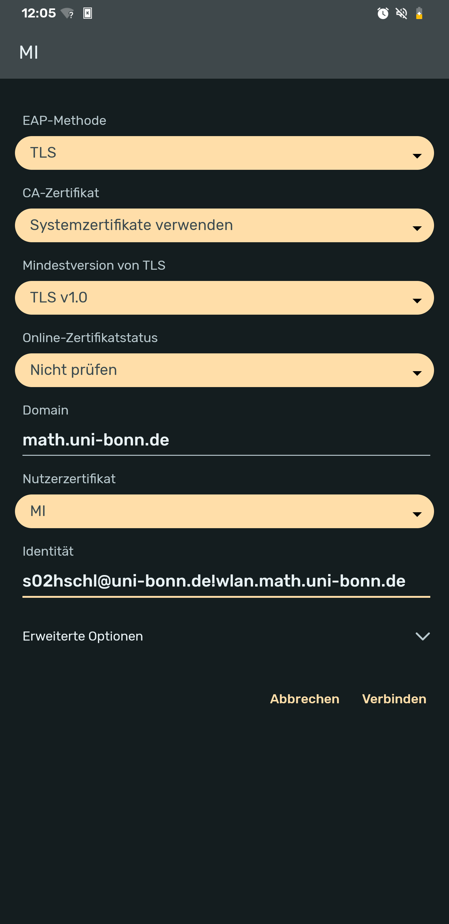 Screenshot der Einrichtung vom WLAN-Netzwerk „MI“